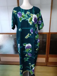LL 浴衣リメイク 新品反物 赤地花模様フリル袖ゆったりワンピース
