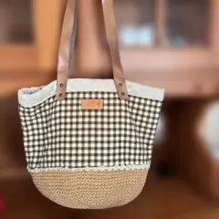 チェック柄かごバッグ チェックは緑