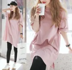 レディース 半袖 Tシャツ ピンク 韓国 無地 ゆったりチュニックワンピース３