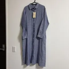 新品　無印良品 リネン洗いざらしストライプ シャツワンピース