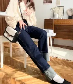 レディース パンツ デニム ジーンズ ロールアップデニムパンツ　L
