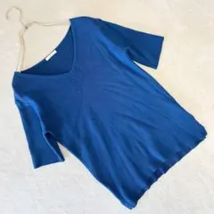 アイテムズ リブカットソー Vネック 半袖 ブルー シンプル きれいめ