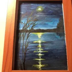 月も凍るような寒い夜　水彩画　絵手紙　原画　ハガキサイズ　風景画