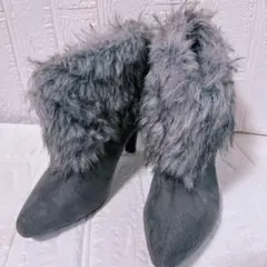 【華やかファー】ファー ショートブーツ グレー 39 ブーティ ヒール スエード