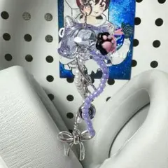 現品 猫 クラゲキーホルダー ハンドメイド ビーズチャーム 韓国 紫 ねこ
