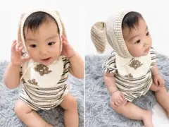 ベビー用耳付きニット帽子 ベージュ　つけ襟セット