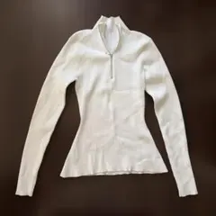 ハーフジップ リブニット ホワイト 長袖