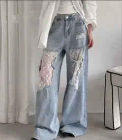AsRiRe】レース切替 ダメージ ワイドデニムパンツ ライトブルー - メルカリ
