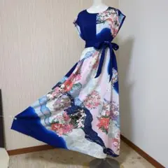 着物リメイク　正絹訪問着　作家物　フレアーロングワンピースドレス　裏地付 着物リメイク 正絹訪問着 作家物 フレアーロングワンピースドレス 裏地