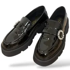 極美品 coca 厚底ローファー ビジュー付 エナメル L 黒 24.5 脚長