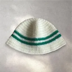 クラッシャーハット　クロシェハット　ビーニー　バケットハット　ハンドメイド　白緑