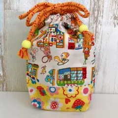 レトロ　アニマル柄　巾着　ハンドメイド　黄色
