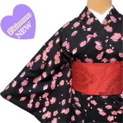 《9K41》洗える着物 小紋 袷 化繊 黒 ピンク 対象身長～165cm