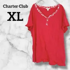 Charter Club 【XL】 鮮やか ピンク 花柄 Vネック Tシャツ