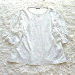 【美品】ZARA ブラウス　レース　五分袖　総柄　フリル袖　パフスリーブ
