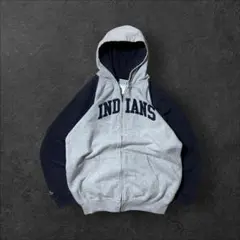 MLBジップアップパーカーフーディツートングレーネイビーラグランインディアンス