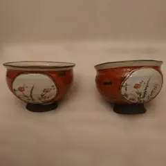 オレンジと白の花模様 湯飲み 2個セット
