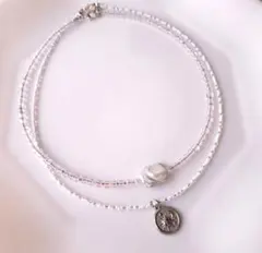 No.94　ビーズネックレスハンドメイド　重ね付け2個セット 淡水バロックパール