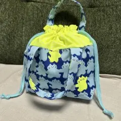お弁当袋　巾着袋　ハンドメイド　ネコ　ネオンイエロー　ブルー