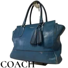 COACHコーチトートバックレザー ブルー フリンジ ハンド ネイビー 本革のサムネイル