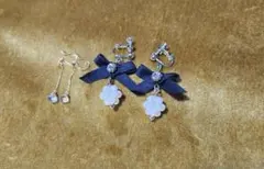 匿名配送　可愛いイヤリング２点セット　パール風　ダイヤ風　　リボン