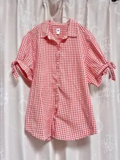 GAP 赤白 ギンガムチェック 袖リボン 半袖シャツのサムネイル