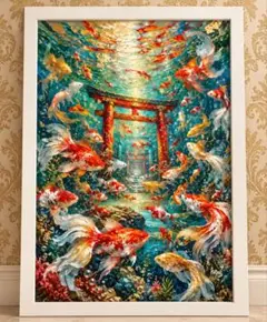 黄金の光に導かれ、無限の豊かさが湧き上が幸福の金魚　額縁付きアート