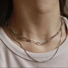 重ね付け　シルバー　2連ネックレス　スネークチェーン　スクエアチェーン
