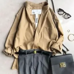 美品▲TICCA ティッカ / バンドカラーウール 長袖シャツ▲キャメル