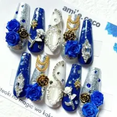 【sample】オーダーネイルチップ 推し活 付け爪 つけ爪 青 薔薇 ブルー