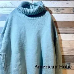 【美品American Holic タートルネック ニット F サックスブルー