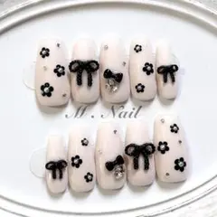 ネイルチップ フレンチガーリー リボン 花 ネイル 量産型 韓国