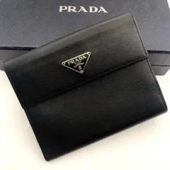 鑑定済み 箱付き プラダ 財布 二つ折り サフィアーノ 三角プレート 黒 革