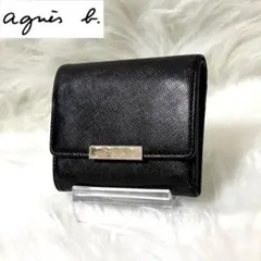 【美品】アニエスベー レザー サフィアーノ 二つ折り財布 型押し ロゴ金具 黒のサムネイル