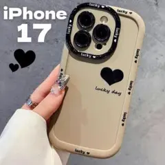 iPhone17ケースベージュ黒ハートロゴ入りスマホケースTPU韓国風マット調のサムネイル