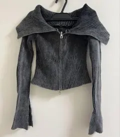 オフショルダー ニット 長袖 グレー チャック