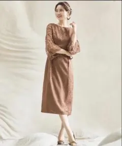ドレスプラス DRESS+ レース七分袖×ダマスク柄ワンピースドレスのサムネイル