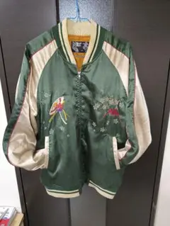 Japan Traditional スカジャン 2L 緑/クリーム 舞子/富士山