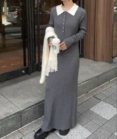 美品⭐︎Ranan リブニット　ポロワンピース　グレー