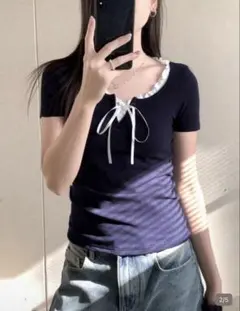 SHEIN フリルトリムフロントタイカジュアルTシャツレディース春夏