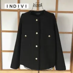 美品　インディヴィ　大きいサイズ　レディース　ノーカラー　ジャケット　黒　3L