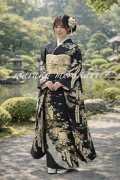 豪華 黒地 金彩 鶴 松 梅 御所車 振袖 正絹 成人式 結婚式 裄67.5cm 豪華 黒地 金彩 鶴 松 梅 御所車 振袖 正絹 成人式 結婚式 裄67.5cm