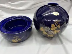 有田焼 若山作 瑠璃色 花瓶と灰皿 応接セット 花器 花入れ