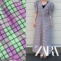 ZARA ザラ チェック ワンピース パフスリーブ ロング ワンピ ピンク 緑