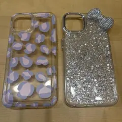 iPhone14スマホケース ヒョウ柄 ピンク キラキラ リボン ギャル 2個