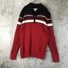 Y1042古着　ニットセーター　ハーフジップ　ボーダー　赤　白　黒