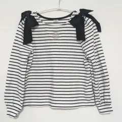 メゾピアノジュニア　長袖カットソー　リボン　白黒ボーダー　S 140cm