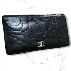正規品】CHANEL シャネル カメリア エンボス フラップ長財布 ブラック