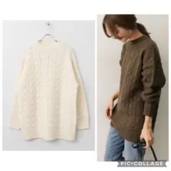 美品アーバンリサーチドアーズ白ケーブル編みニット　ハイネックニットプルオーバー