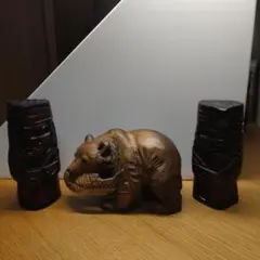 木製クマの彫刻とアイヌ木彫り　ニポポ人形セット